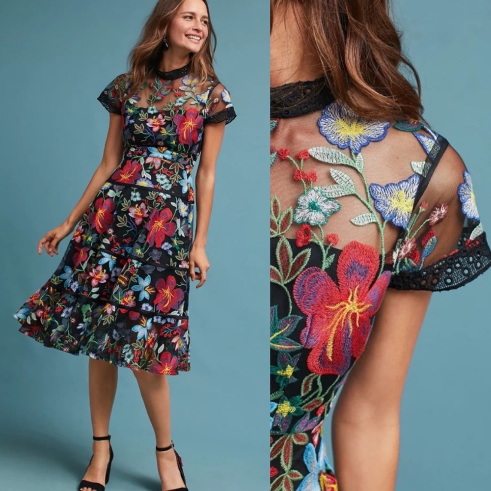 Anthropologie Vone Janine Embroidered Black Mesh Midi Dress